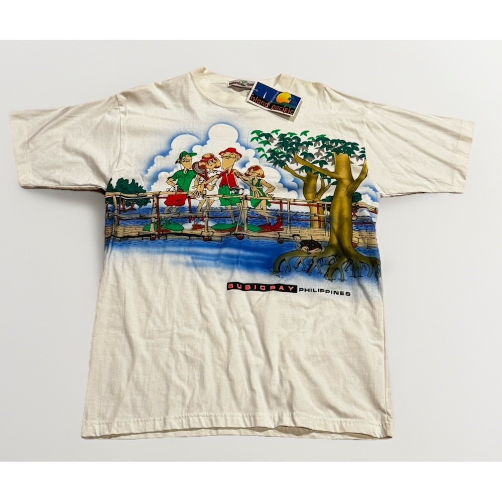 Vintage 90s Philippines AOP Nature Caricature Cartoon Tee Shirt L Tennis Turtle